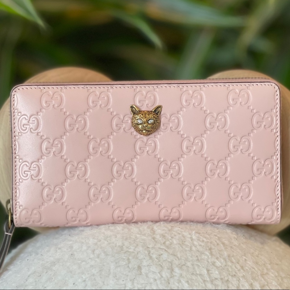 Gucci Cat Motif Continental Embossed GG Leather Zip Around Wallet in Pink - Picture 1 of 7